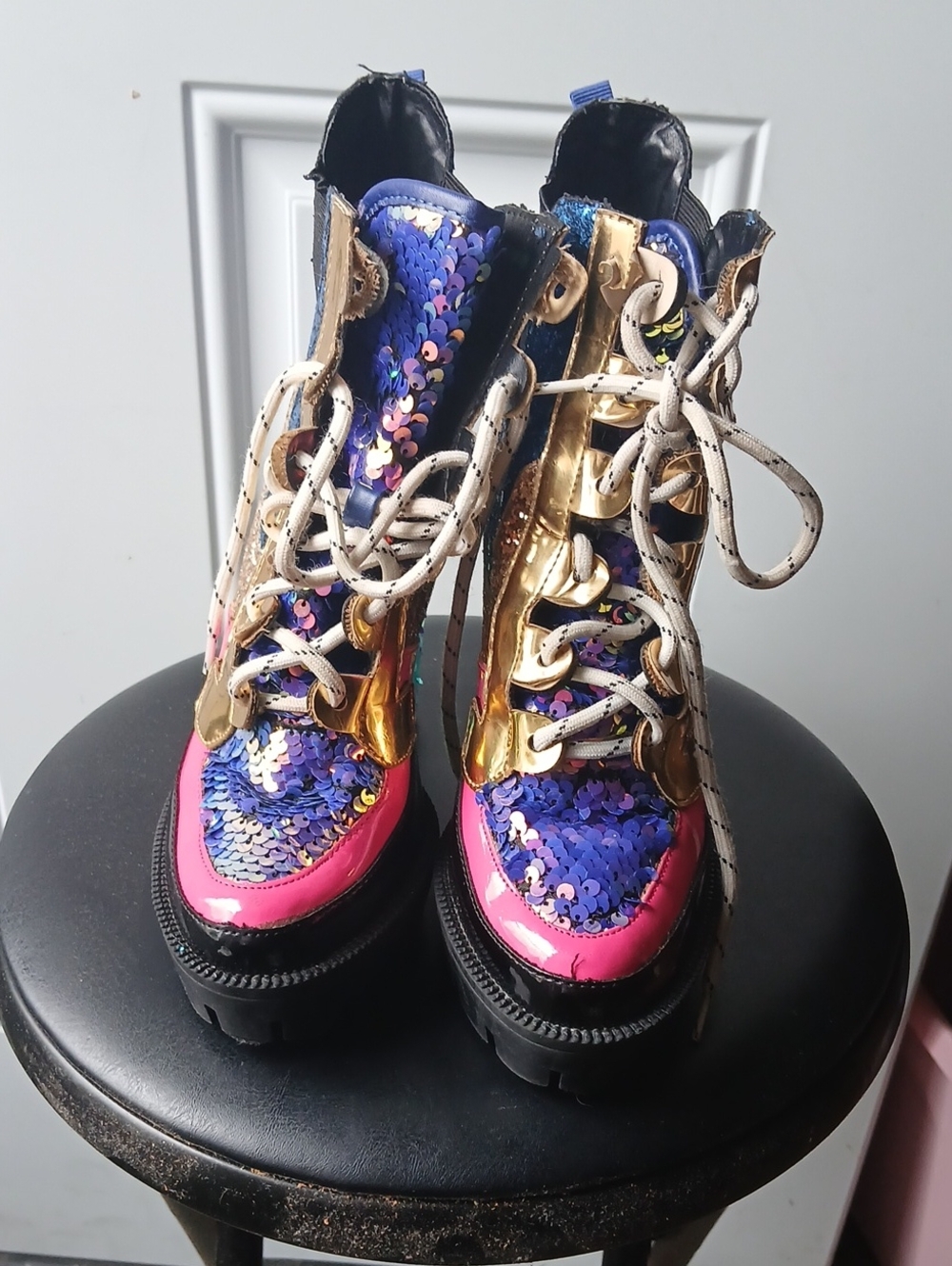 Cape Robbin Blue Sequin Lace-Up Platform Boots with Pink & Gold Accents